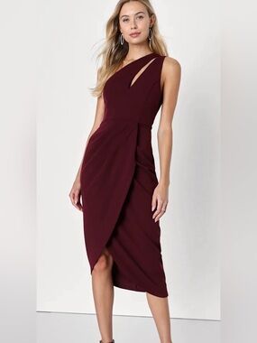 Lulus So Flirty Burgundy One-Shoulder Cutout Asymmetrical Midi Dress XS